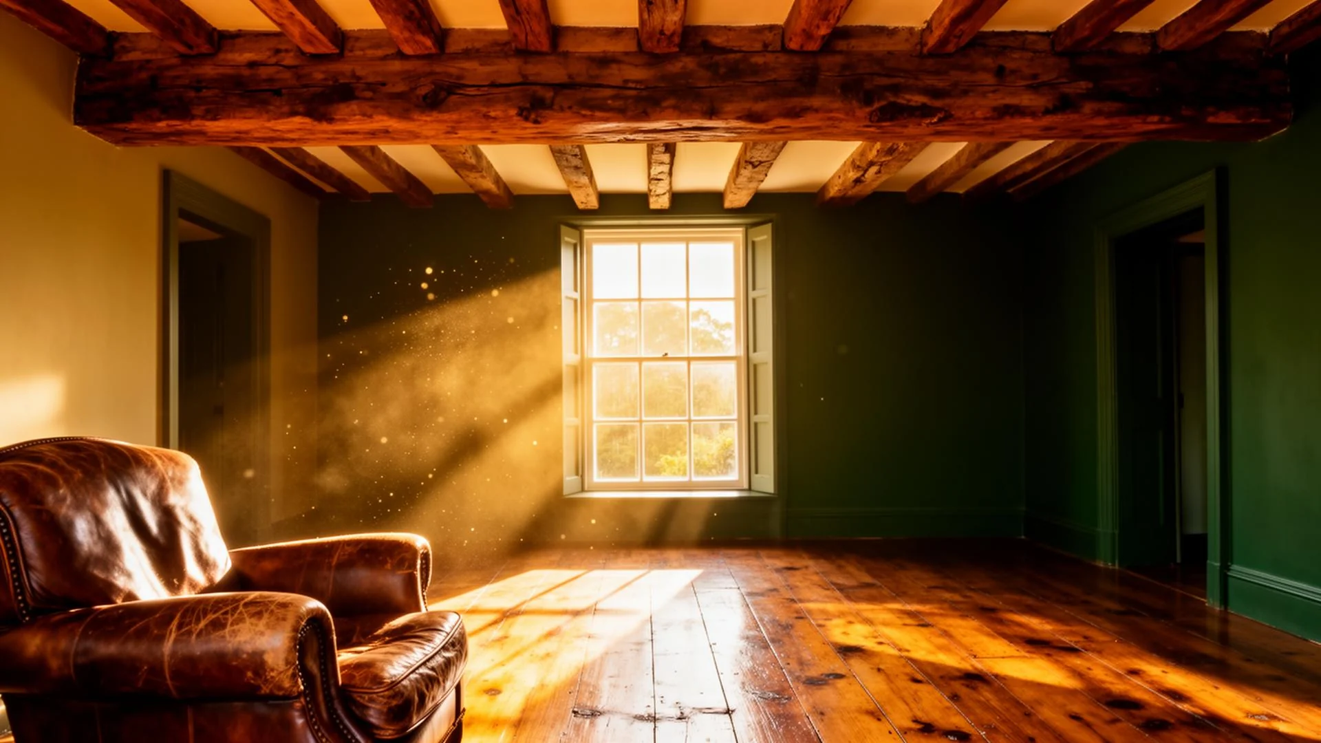 Sunlit Irish heritage interior with restored oak beams and Georgian window